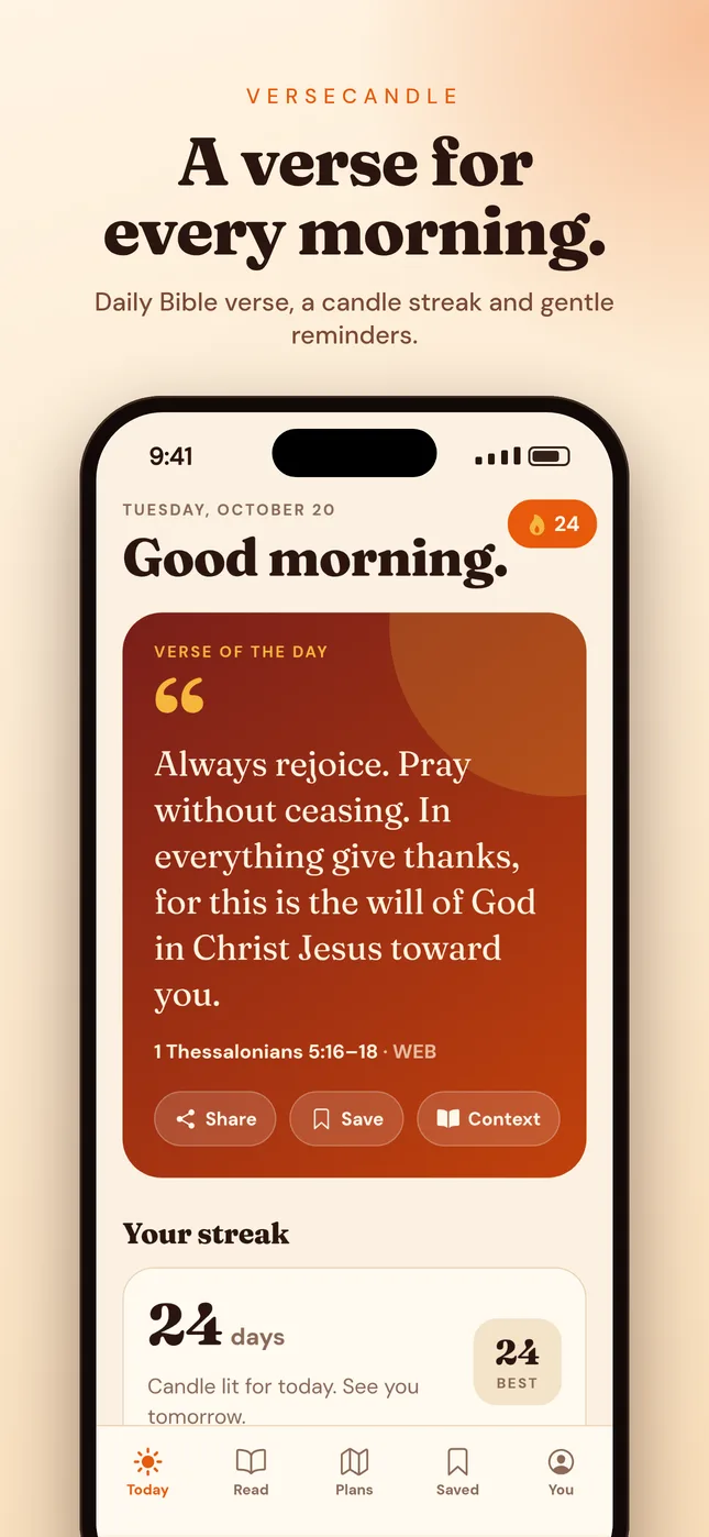 VerseCandle Today screen showing the verse of the day and a 24-day reading streak